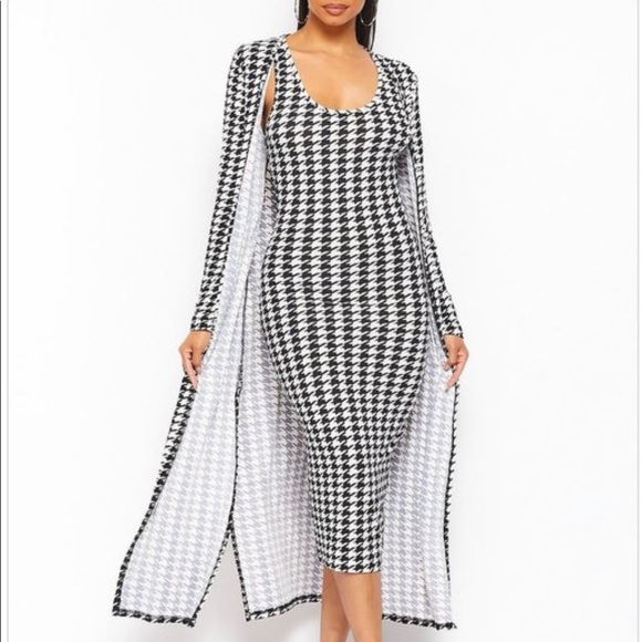 NEW FALL TRENDY HOUNDSTOOTH TWO PIECE TANK TOP MIDI DRESS LONG CARDIGAN SET - Picture 8 of 9